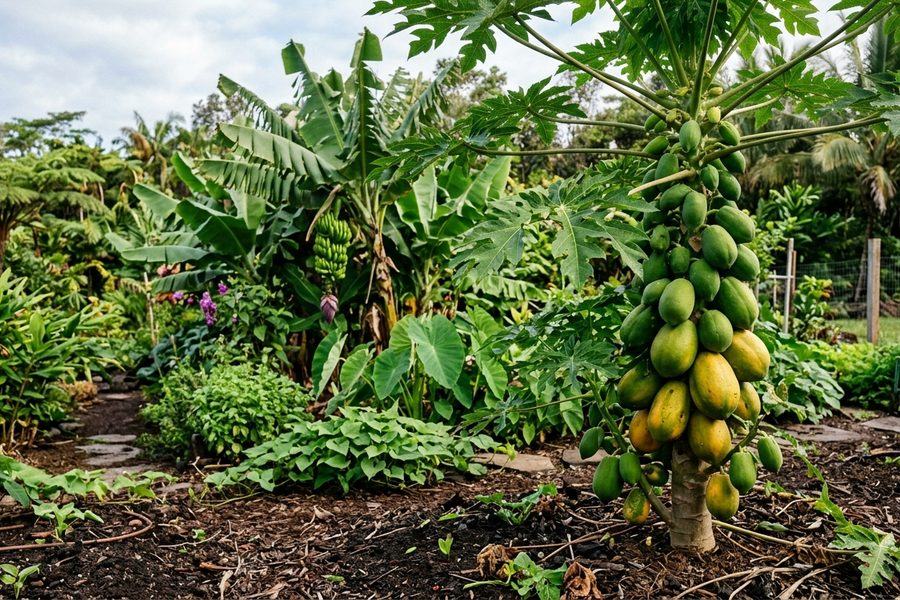 Big Island garden fed by Reef to Root fertilizer — papaya, banana, taro