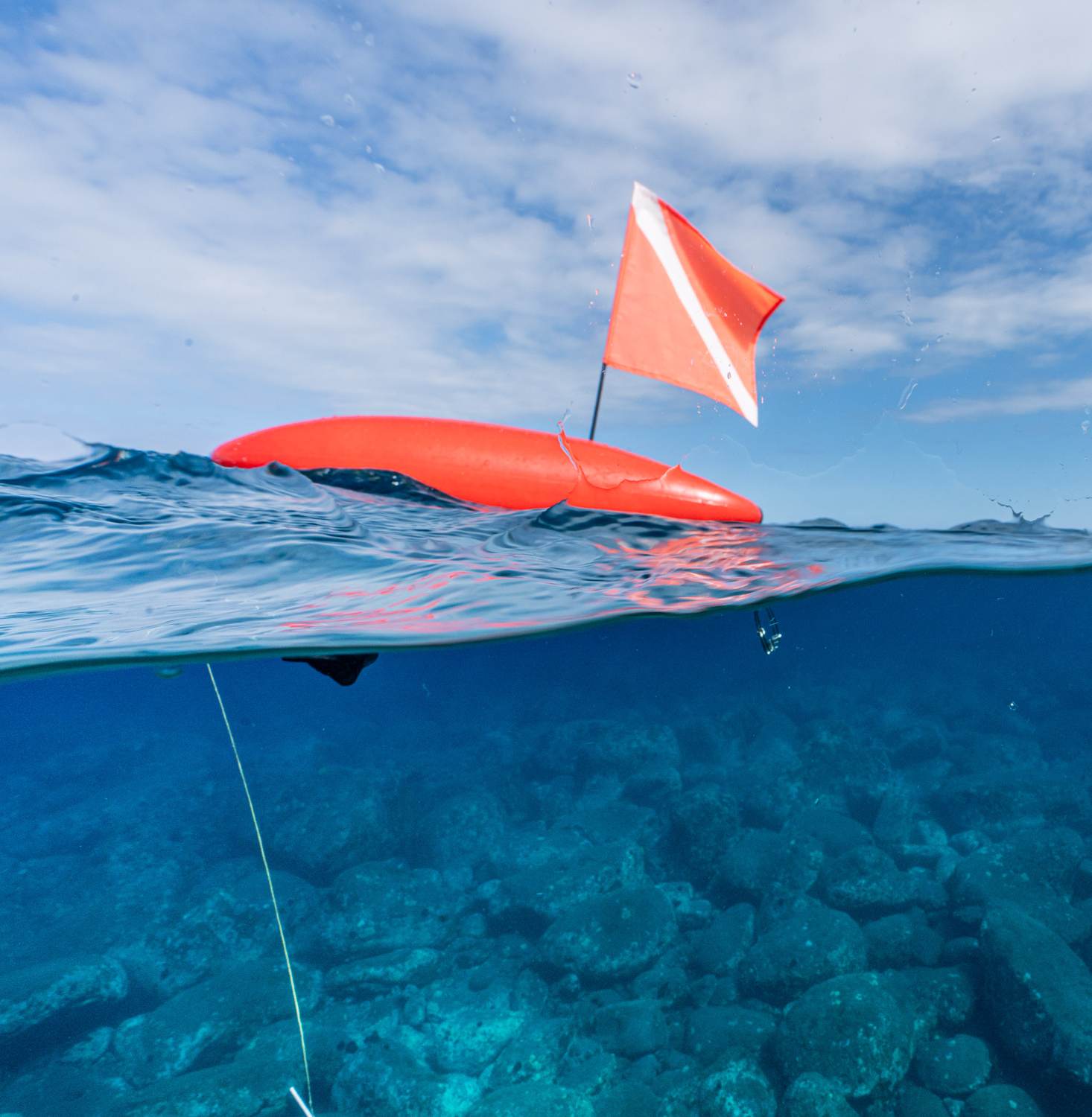 Dive flag and float marking a Top Shot Spearfishing session